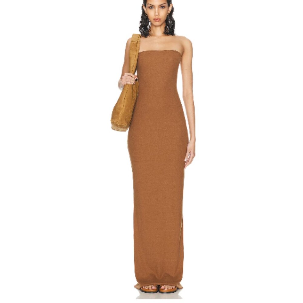 ÉTERNE Butter Rib Knit Maxi Tube Dress in Earth Brown